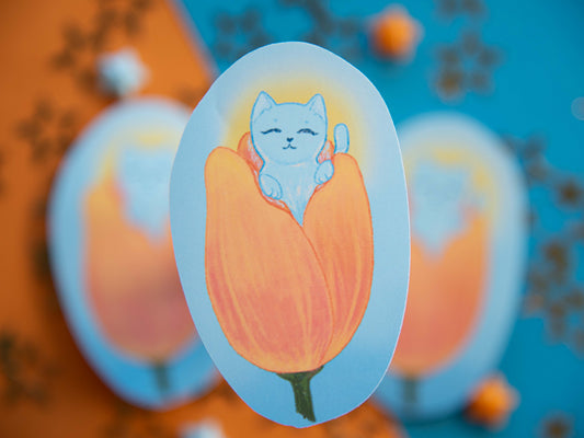 Thumbeluna (Cat in a Tulip) - Matte Sticker Flake